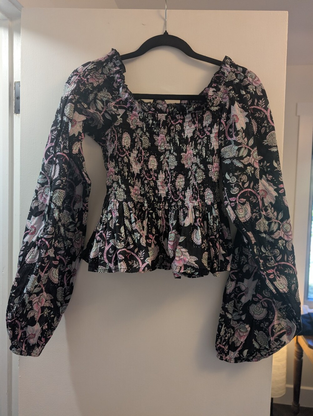Women's Black Floral Smocked Peasant Top By Mille